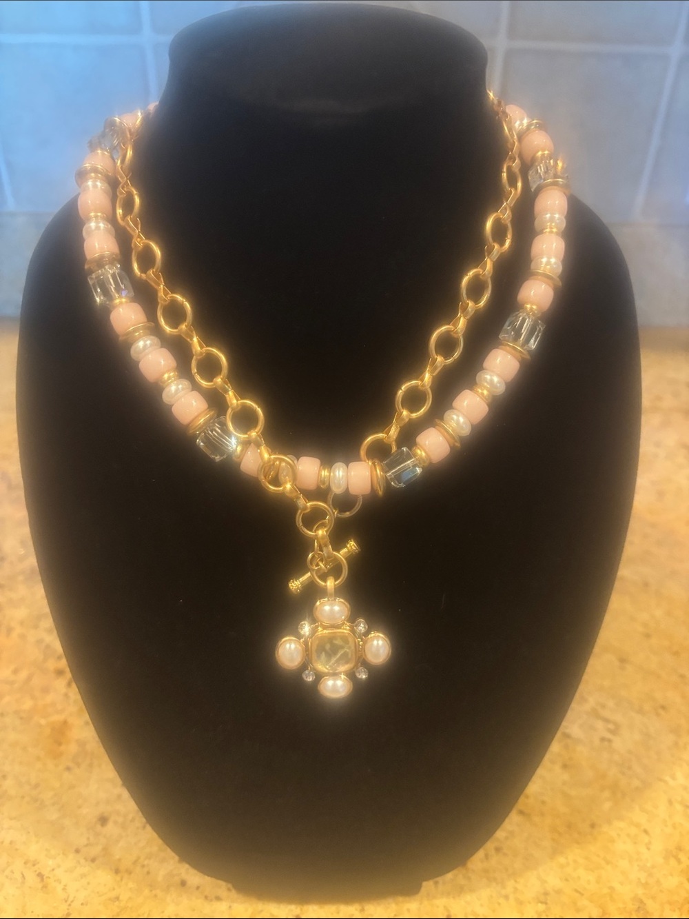 Cato Gold-Tone Necklace with Pink Beads and Pearl Cross Charm